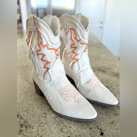 J. Adams Shoes - White Denim Western Heeled Boots with Orange Embroidery
